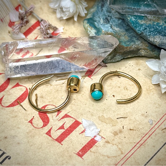 18k Gold Plated Sterling Silver Dry Creek Turquoise Huggie Hoop No Back Earrings - Picture 6 of 11
